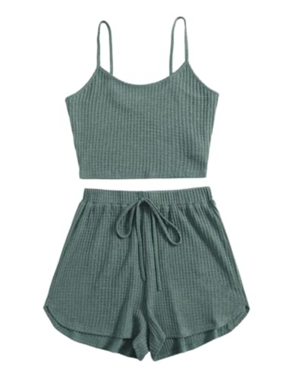 Women's 2 Piece Waffle Knit Lounge Set Crop Camisole & Shorts Casual Matching